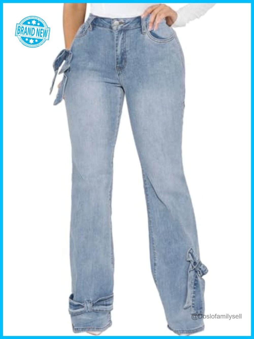 Women's High Waist Flared Wide Leg Ripped Denim Jeans with Bow Tie Hem
